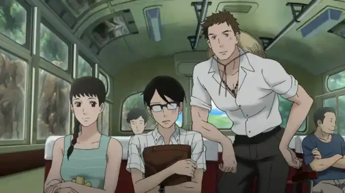 Sentaro leans into a bus aisle beside Kaoru, who holds a schoolbag, and Ritsuko.