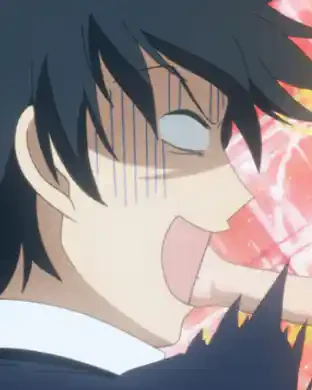 Chiaki reacts with surprise in a stylised comic image.