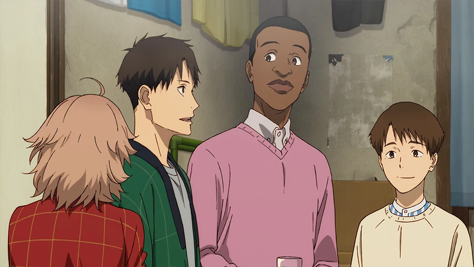 Four residents talk in a worn room, one wearing a green jacket.