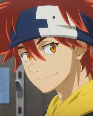 Reki holds a small tool and wears his red headband.