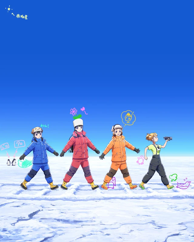 Four girls in bright expedition clothing walk across Antarctic snow beneath a blue sky.