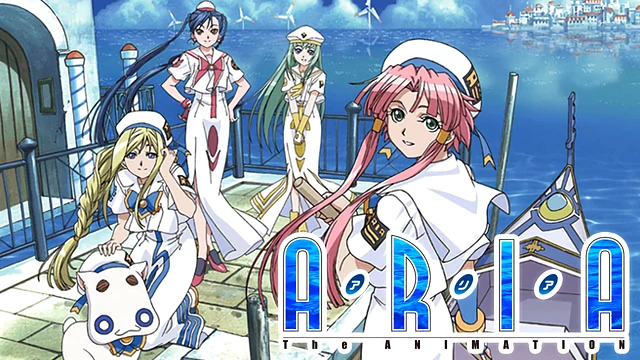 Akari and other gondoliers gather beside the water under the ARIA title.