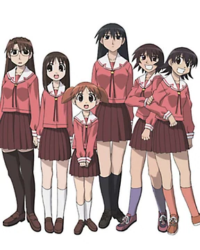 Chiyo and her school friends cluster together in their uniforms.