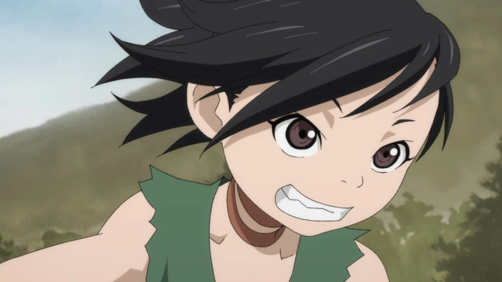 Dororo grins against a hillside landscape, hair blowing upwards.