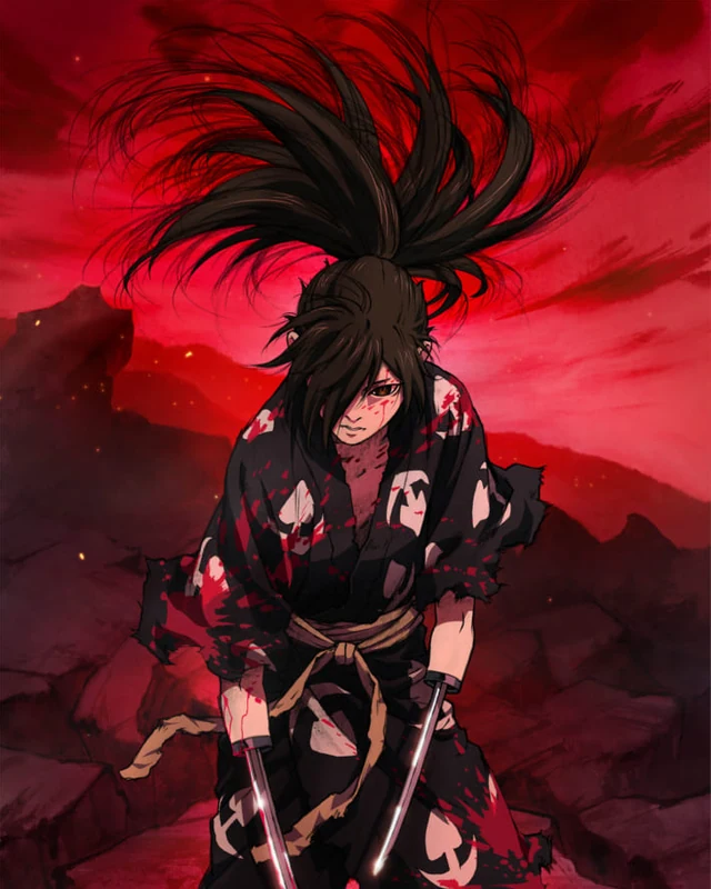 Hyakkimaru stands against red with blades extending from his prosthetic arms.