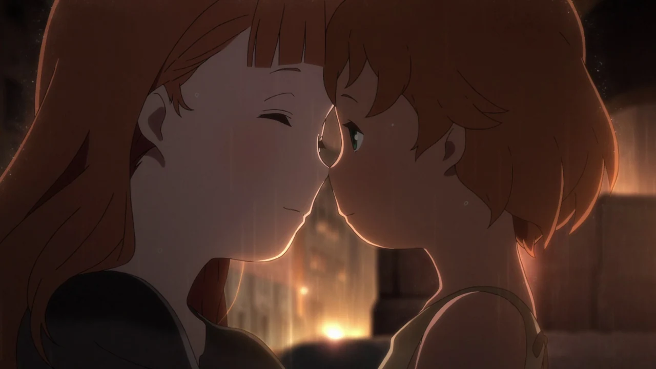 Maquia and young Ariel touch noses in warm light.