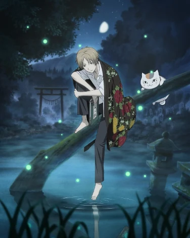 Natsume carries a patterned cloth through a moonlit forest beside Nyanko-sensei.