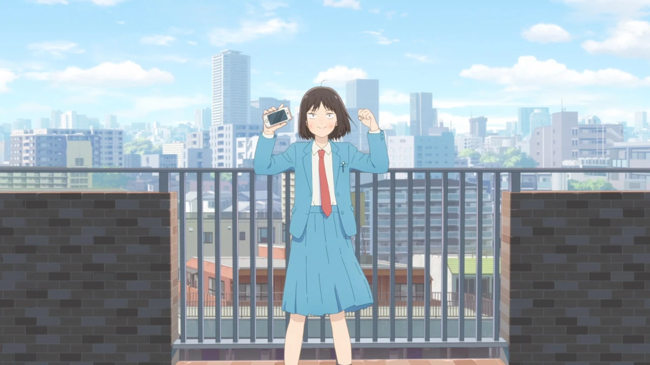 Mitsumi raises a fist and holds her phone in front of a broad city skyline.