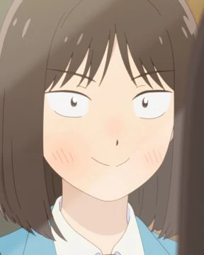 Mitsumi smiles with flushed cheeks in her school uniform.