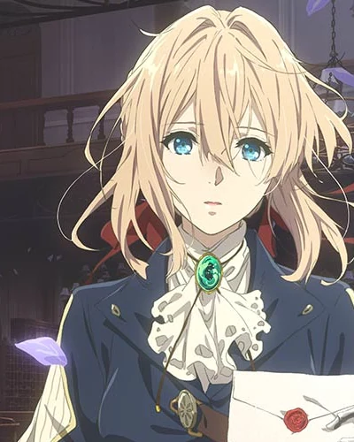 Violet faces forward with an emerald brooch and a letter in her mechanical hand.