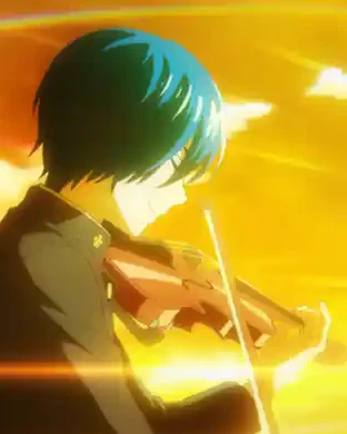 A young violinist plays outdoors against an orange sunset.