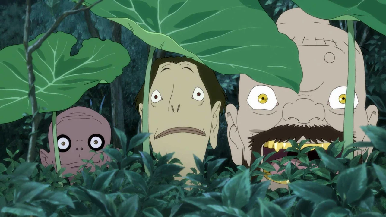 Three very different spirits peer out of dense foliage beneath large leaves.