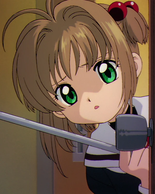 Sakura peers around a door holding a radio handset.
