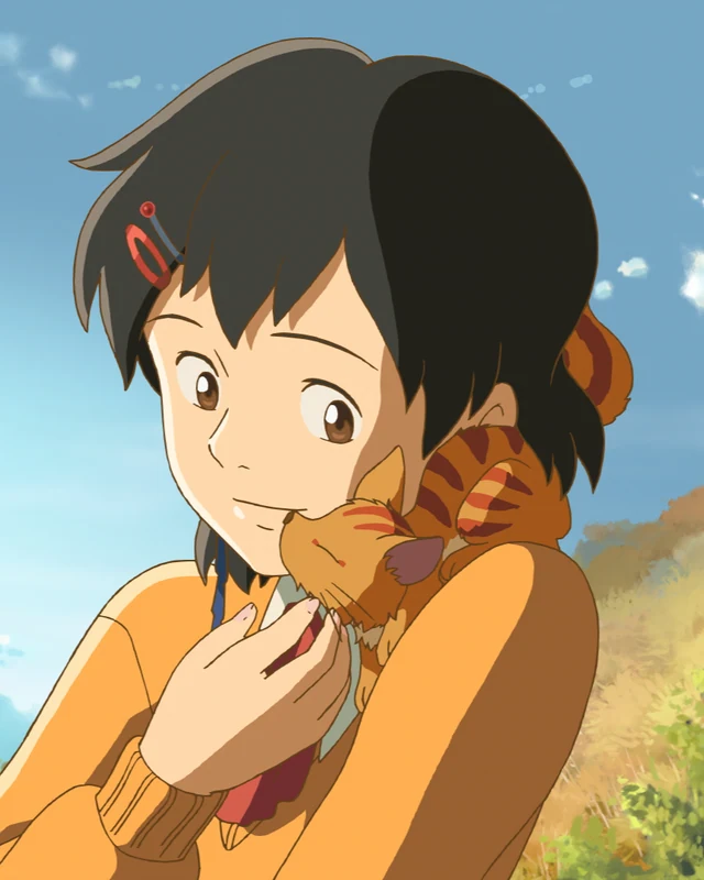 Asuna holds a small striped creature close to her cheek beneath a blue sky.