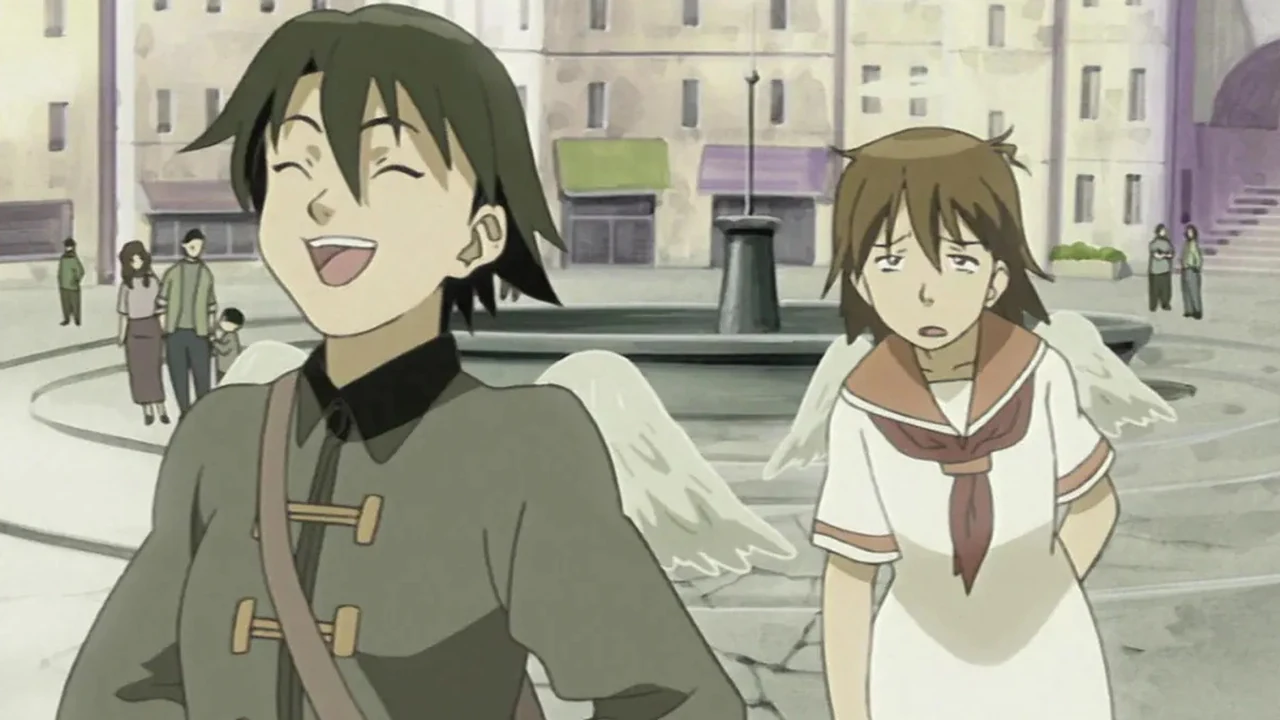 Kana walks through town smiling while Rakka follows and looks uncertain.