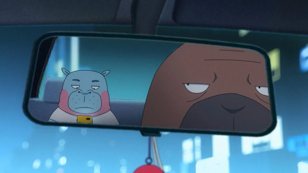 A passenger and driver share the frame of a taxi's rear-view mirror in Odd Taxi.