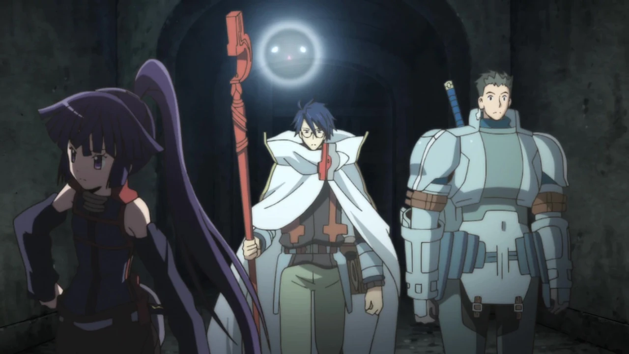 Akatsuki, Shiroe and Naotsugu move together through a dark stone passage illuminated by a small light.