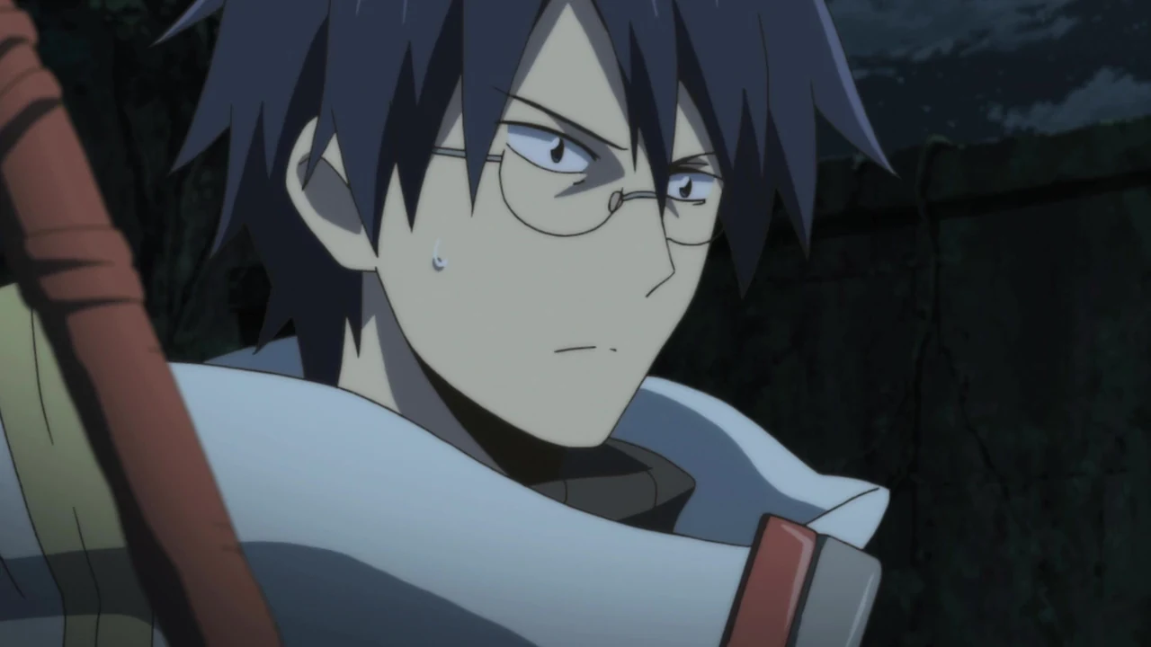 Shiroe looks to one side in the dark, with his staff and glasses visible.