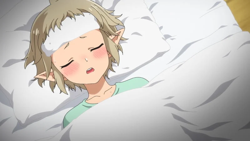 Tanta lies feverish in bed with a cooling cloth across his forehead.
