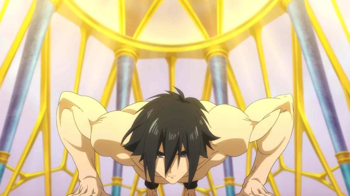Seiya performs a push-up on the floor of a tall, brightly coloured chamber.