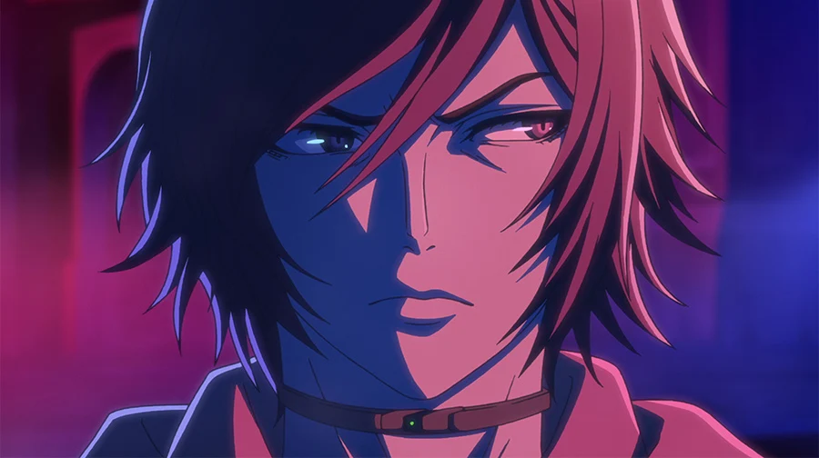 Courier’s dark hair falls across his face in a blue-and-pink-lit close-up.