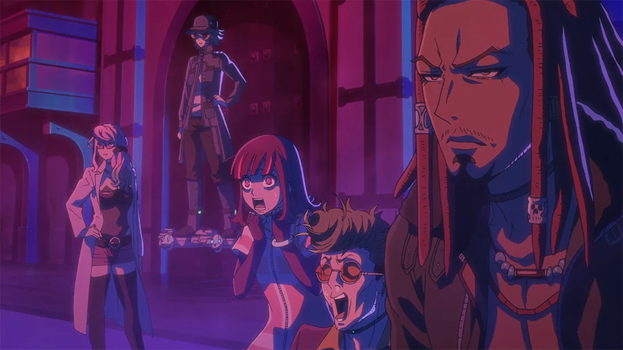 Several Akudama gather in a room washed in blue and purple light.