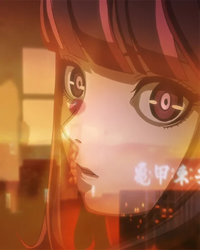 The heroine’s dark-haired face is seen through warm reflections in a city window.