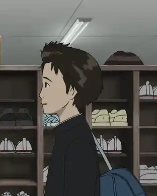 Makoto stands in school uniform beside the shoe lockers.