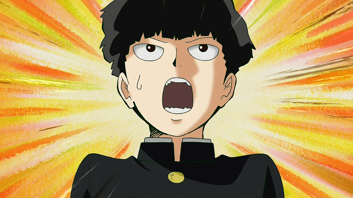 Mob reacts with his mouth open and a drop of sweat on his cheek against an orange burst of colour.