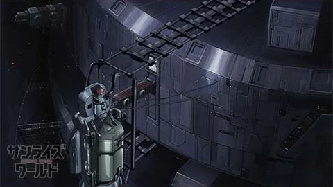 An astronaut works beside the gridded exterior and machinery of a space station.