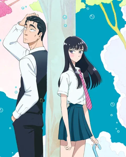 Kondo and Akira stand on opposite sides of a pale tree against bright rain-coloured foliage.