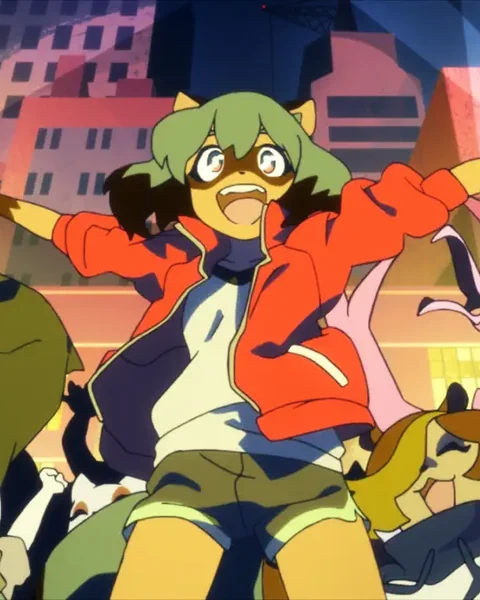 Michiru spreads her arms amid a crowd of beastmen on a brightly coloured city street.