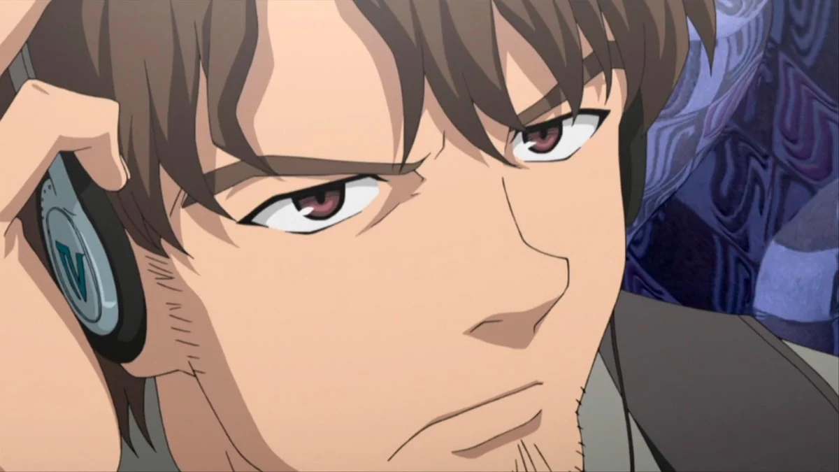 Minorikawa listens with a serious expression and one hand raised beside his ear.