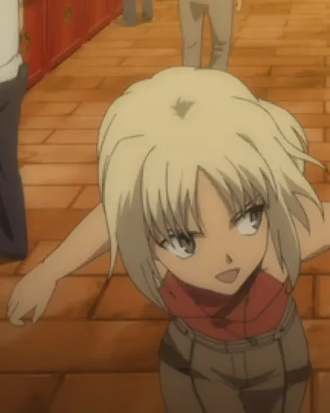Canaan leans forward with an arm extended on a brick-paved street.