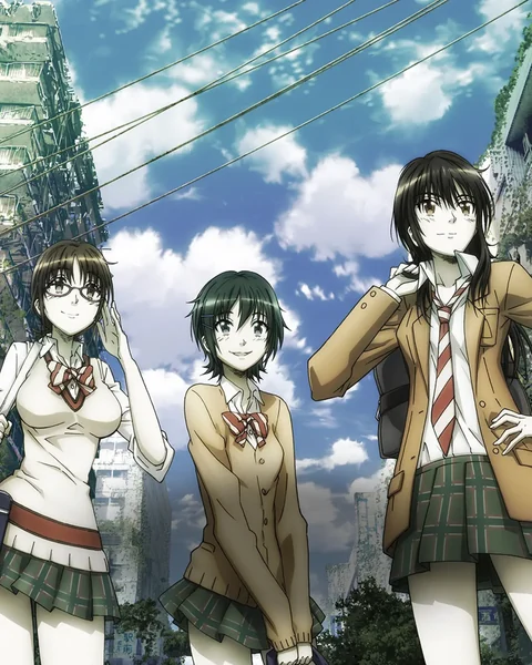 Ibara, Aoi and Taeko stand in school uniforms among overgrown urban ruins.