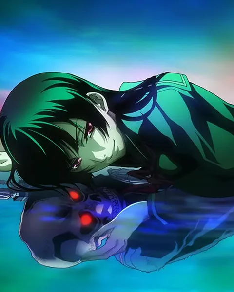 Yuko lies beside a pool of colour that reflects a skull-like face.