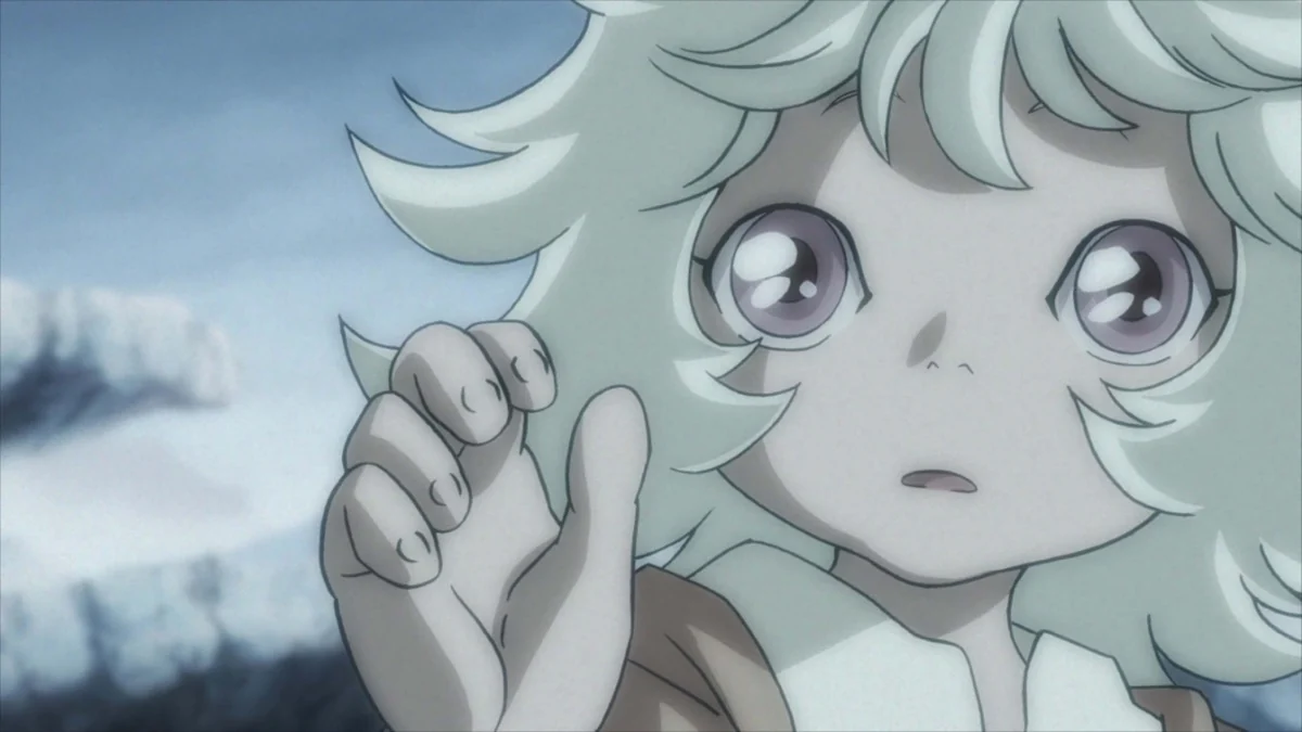 A pale-haired child looks upward with one hand raised in a ruined landscape.