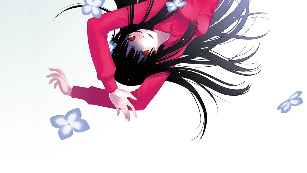 A girl in red clothing hangs upside down in pale promotional artwork with blue flowers.