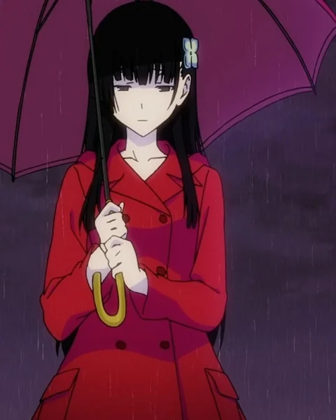 A long-haired girl in a red coat stands beneath a purple umbrella in the rain.