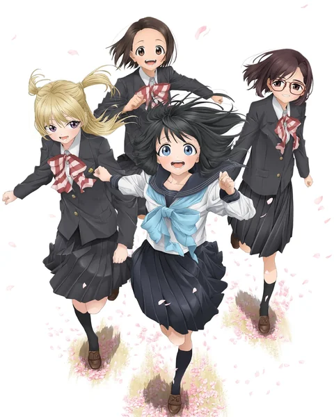 Komichi in a blue sailor collar stands with three girls in dark uniforms amid falling petals.