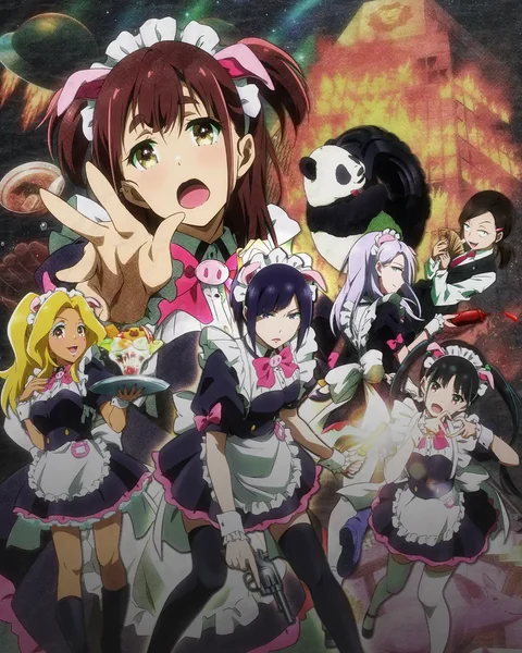 Nagomi reaches toward the viewer in crowded maid-café promotional artwork.