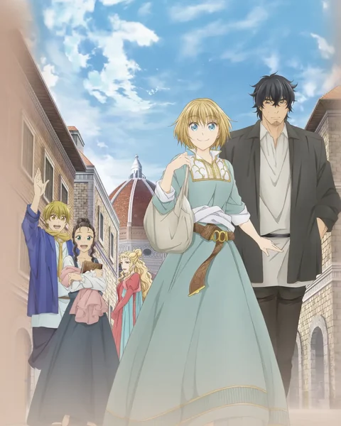 A blond young woman in a pale green dress stands beside a dark-haired man on a Florence street.