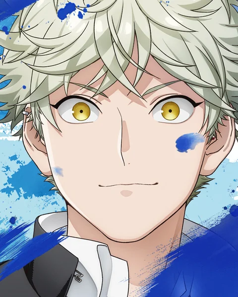 A fair-haired boy with yellow eyes smiles against broad blue paint strokes, with a blue mark on his cheek.