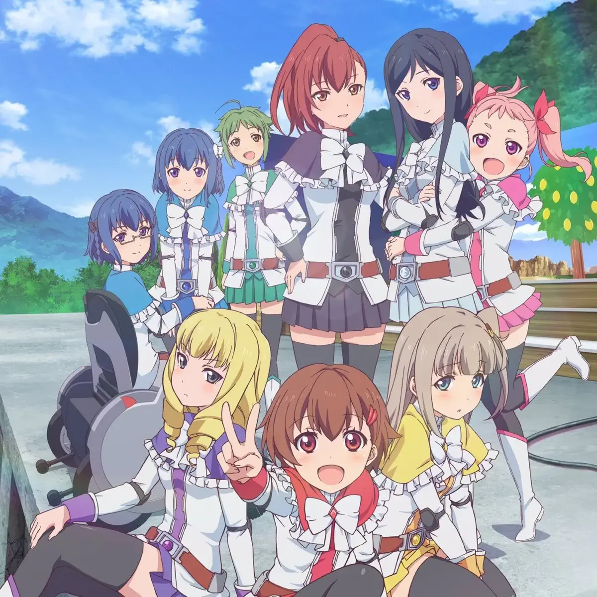 A large group of girls poses in coordinated white heroine costumes outdoors.