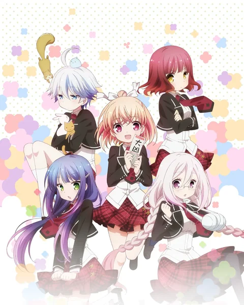 Five girls in black, white and red uniforms pose among pastel flower shapes.