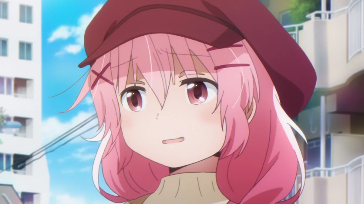 A pink-haired girl wearing a red beret looks sideways outdoors.