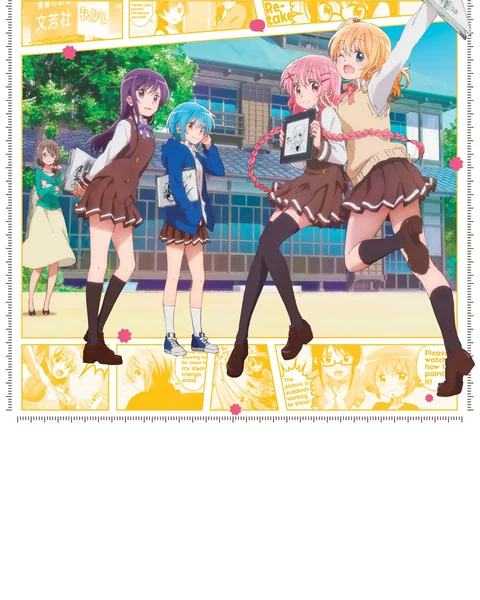Four uniformed girls pose within a yellow comic-panel border outside a building.