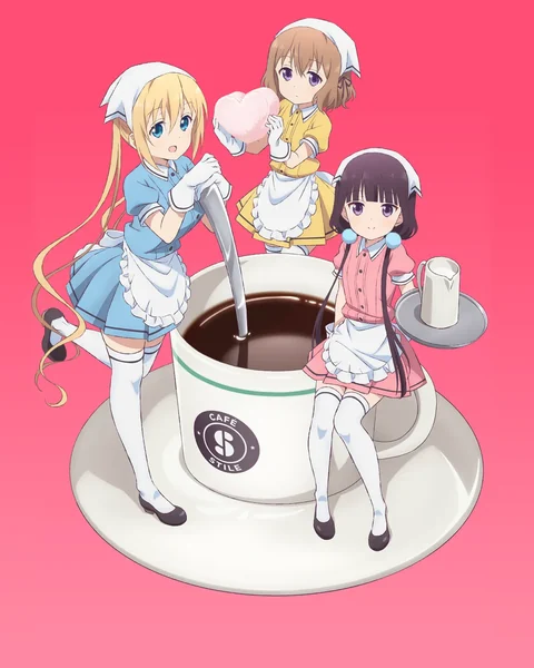Three café workers in pastel uniforms pose around an oversized coffee cup against pink.