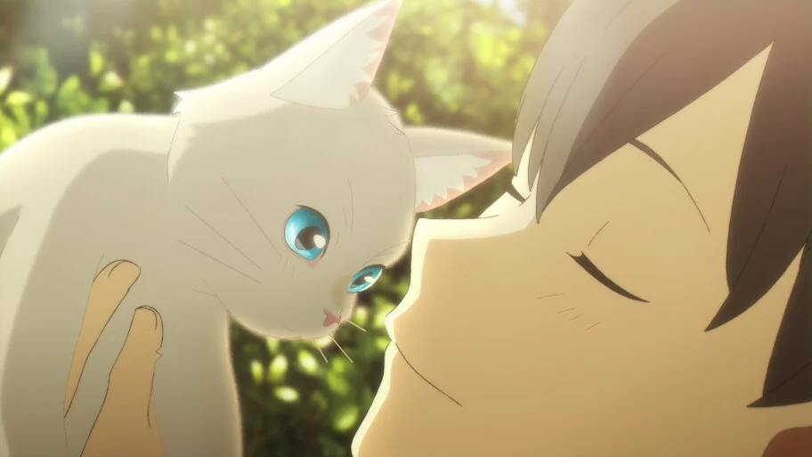 A white cat is held close to a brown-haired person's face.