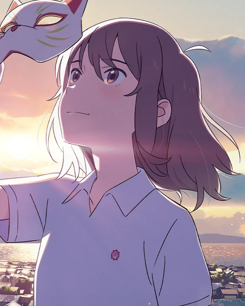 A schoolgirl raises a cat mask above her head against a sunset over a town.